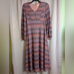 Altar'd State Pink Blue V-Neck Bishop Sleeve Crochet Dress
